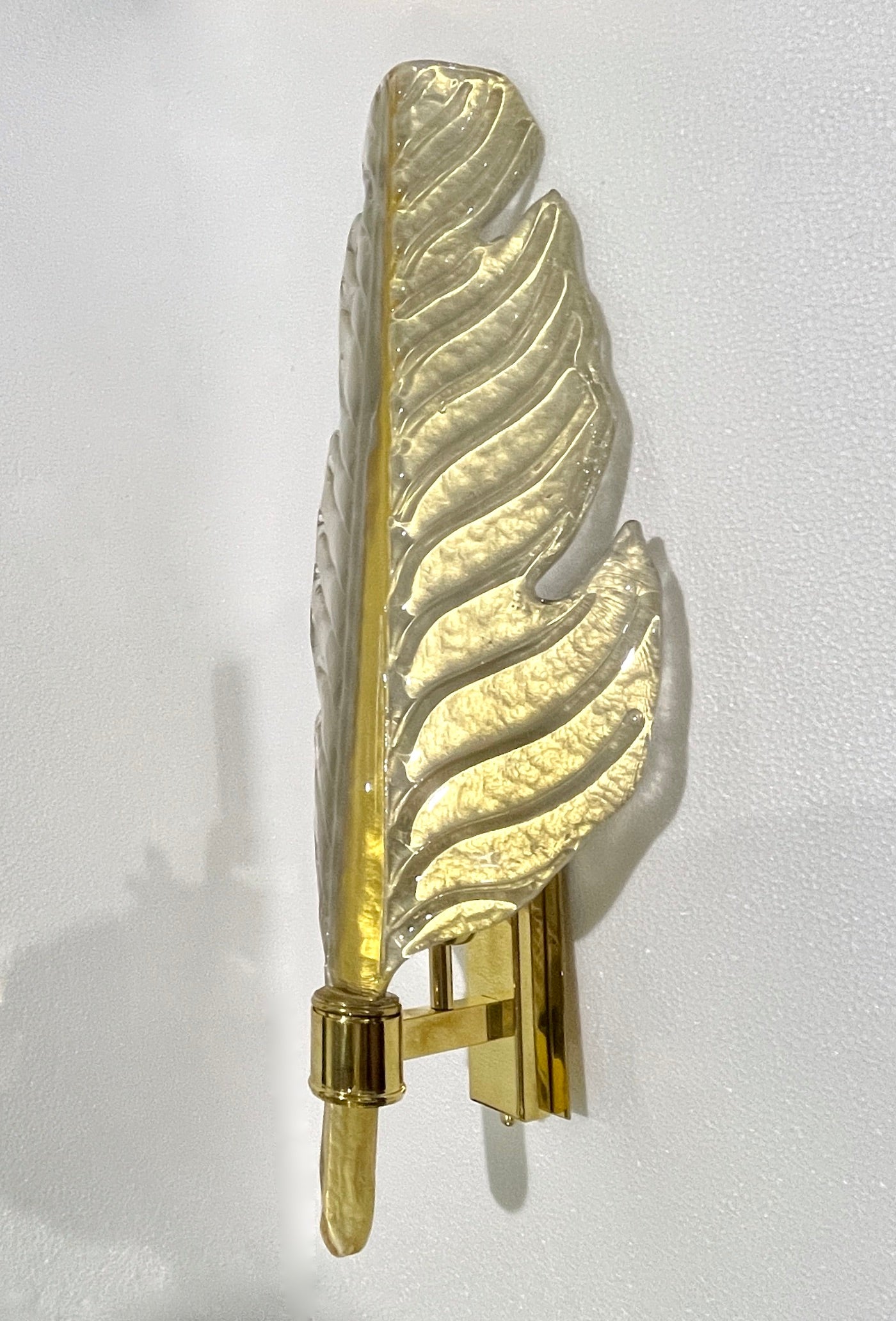 Contemporary Italian Art Deco Pair of Amber Gold Murano Glass Brass Leaf Sconces