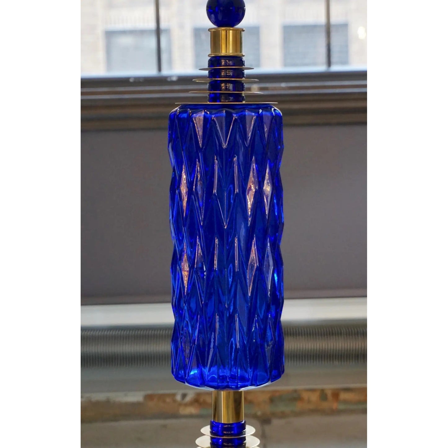 Contemporary Italian Modern Pair of Cobalt Blue Murano Glass Brass Table Lamps