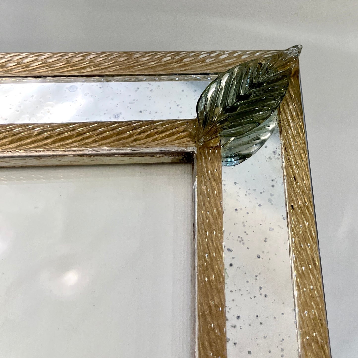 1960s Italian Vintage Mirror Photo Frame Green Leaves & Gold Murano Glass Decor