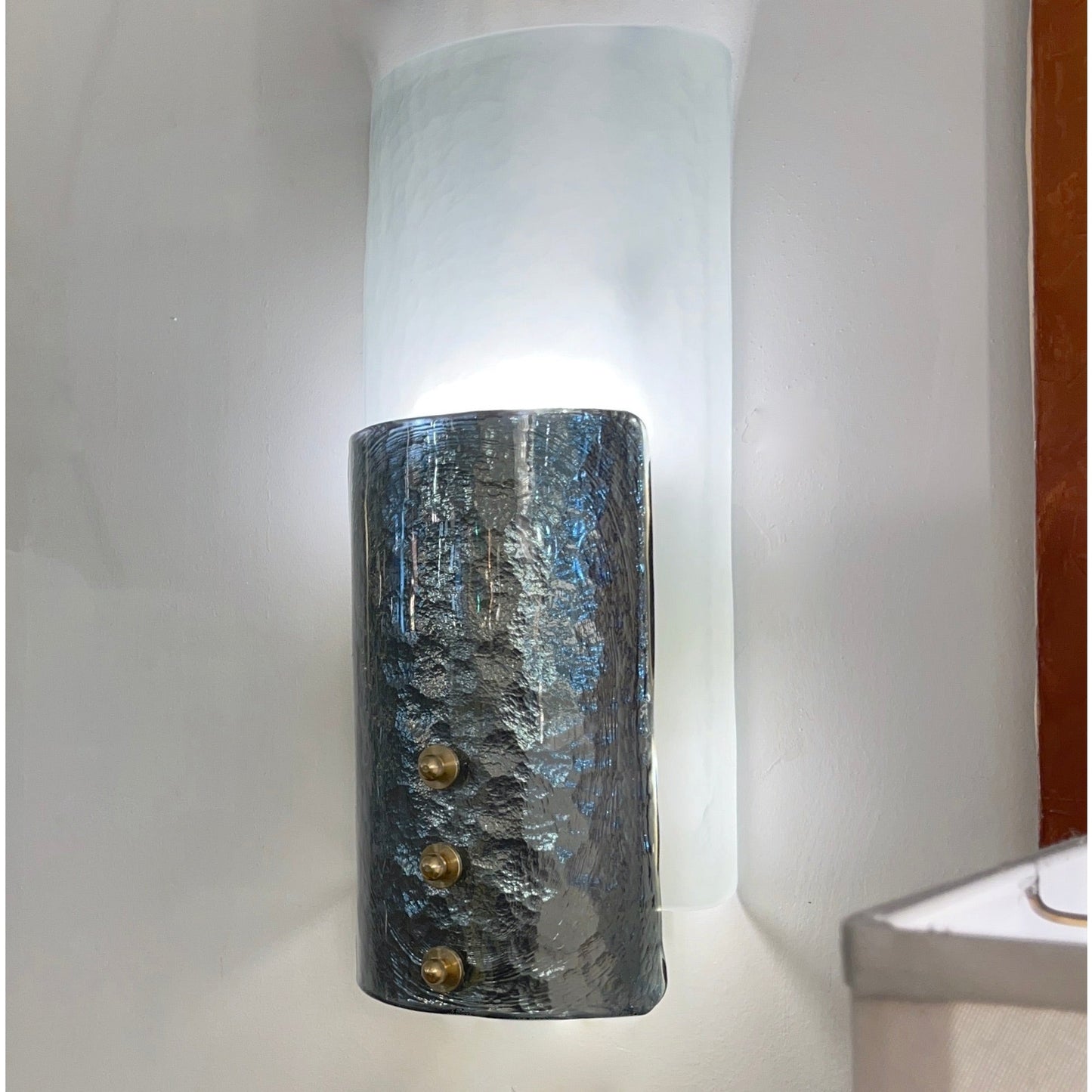 Italian Pair Modern Curved Aqua Silver Blue Texture Murano Glass Graphic Sconces