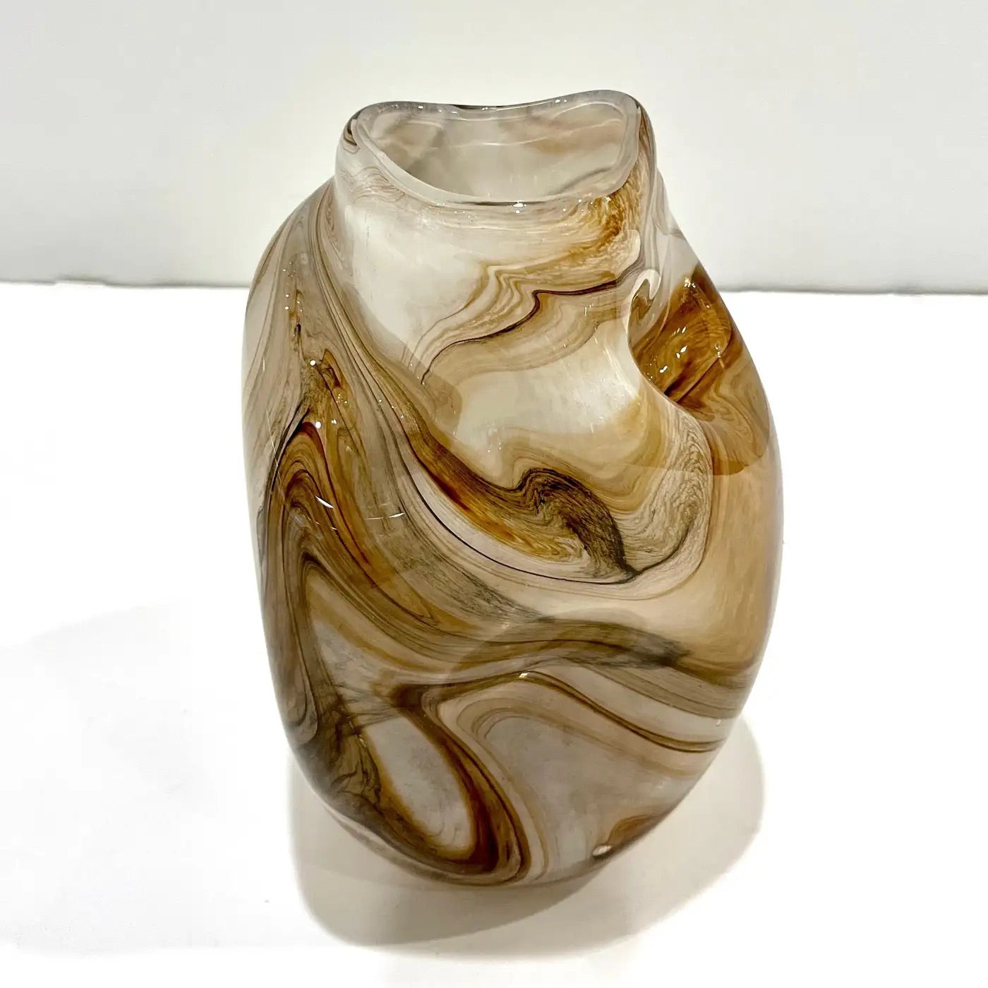 Vintage Italian Sculptural Organic Marbleized Lace Brown Beige Murano Glass Vase