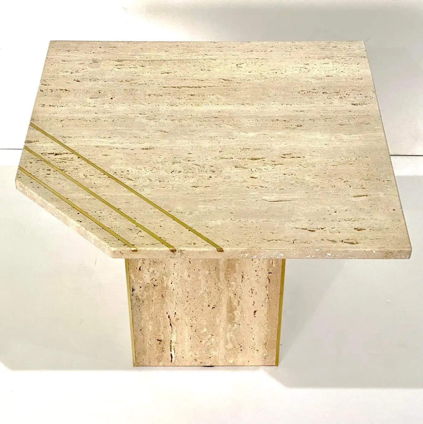 Italian Contemporary Modern Travertine Nesting Tables Set with Brass Insets
