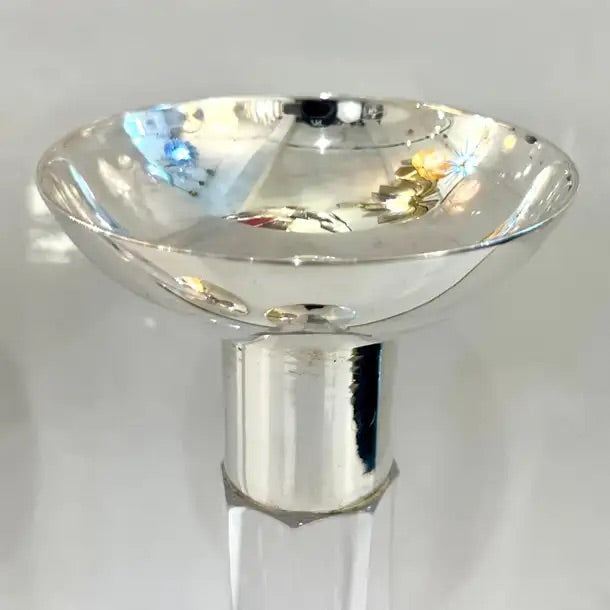 1970s Mid Century Modern French Pair of Crystal & Chrome Faceted Candle Holders