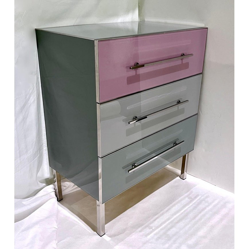 Bespoke Italian Post-Modern Pink Gray Glass 3-Drawer Nickel Chest Nightstand