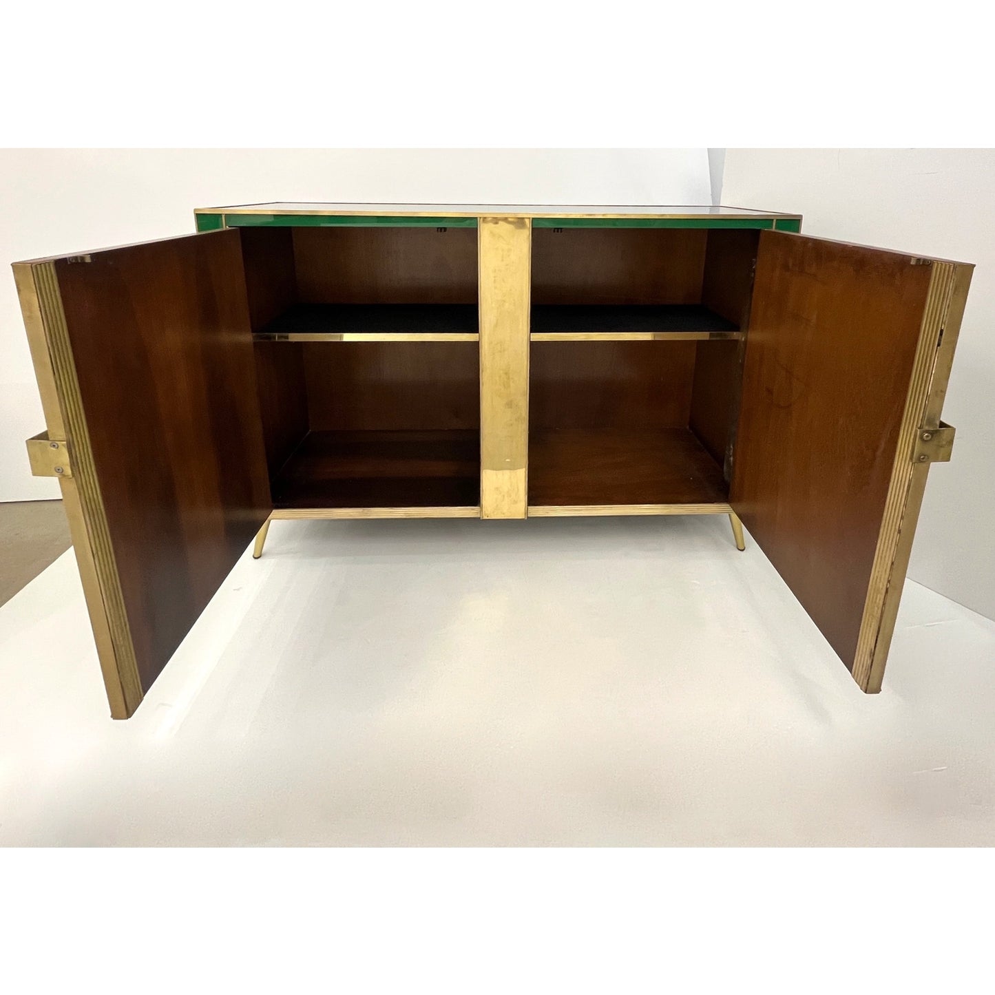 Vintage Italian Post Modern 2-Door Green White Brass Murano Glass Sideboard