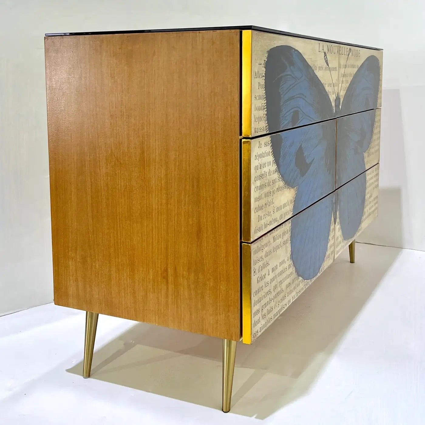 Custom Italian Printed Pop Art Black Blue Butterfly Lacquer Wood Chest/Sideboard