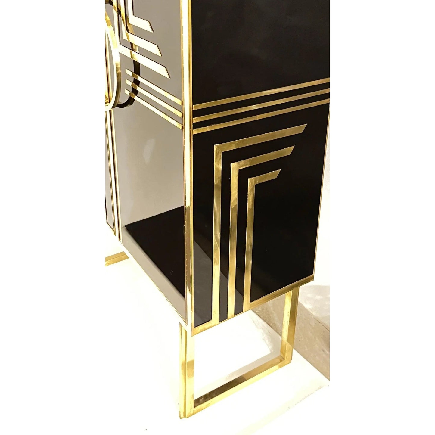 1970s Italian Vintage Art Deco Geometric Gold Brass & Black Glass Tall Cabinet