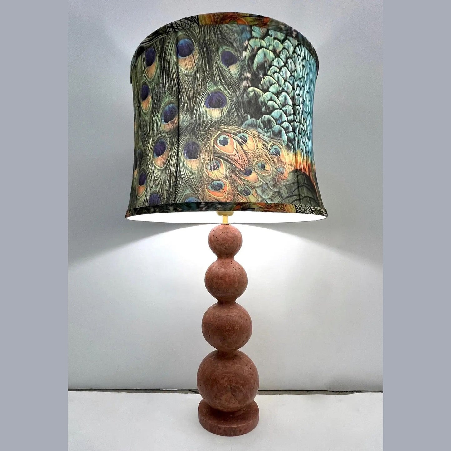 Italian Art Deco Style Pair of Red Travertine Sphere Table Lamps Peacock Shades