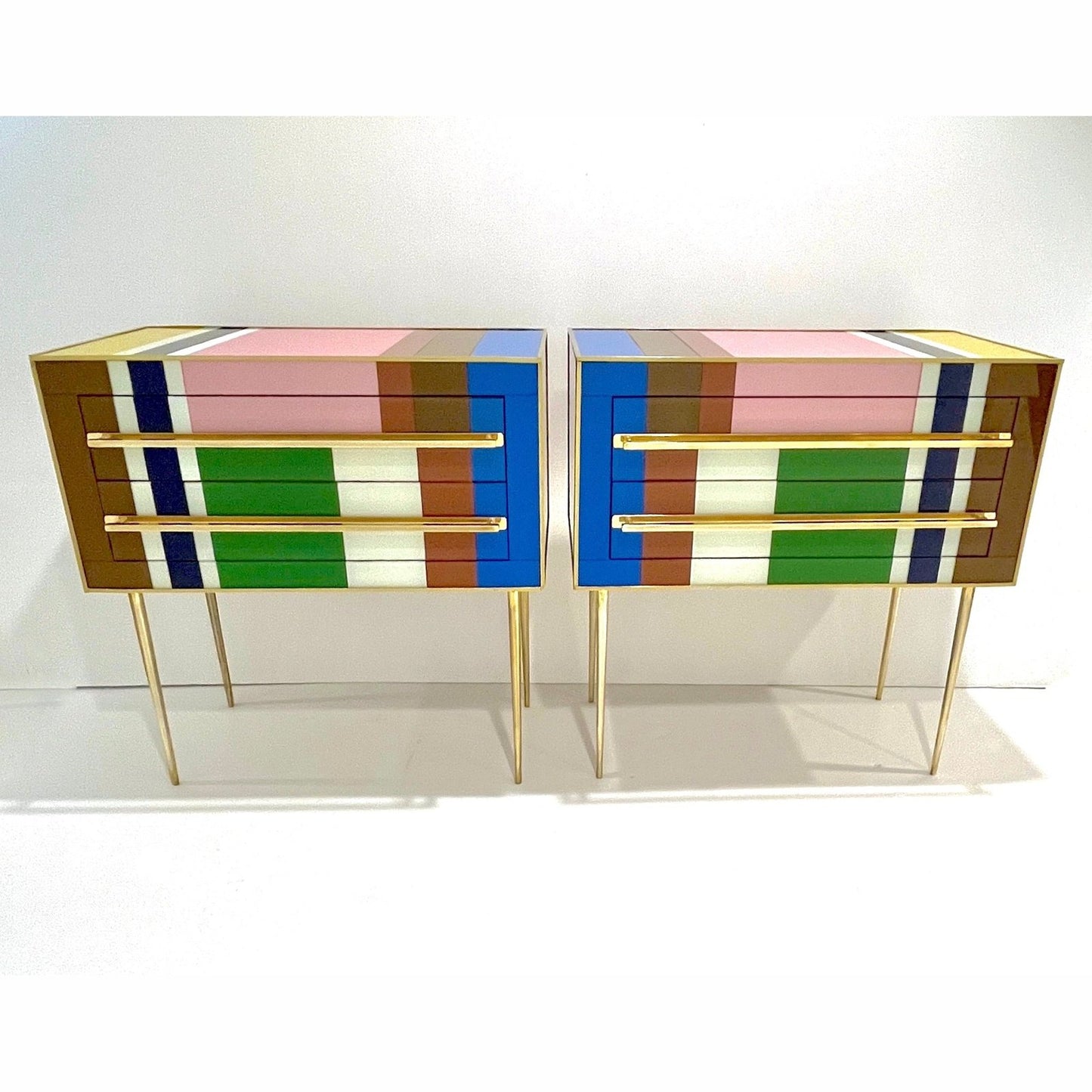 Bespoke Italian Pair of Mondrian Style Blue Green Yellow Chests / End Tables