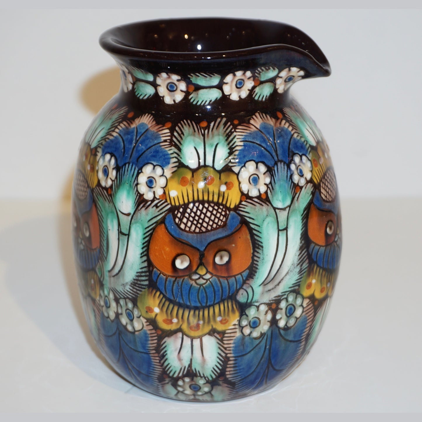 Antique Swiss Arts & Crafts Brown Green Blue White Thoune Enamel Ceramic Jug