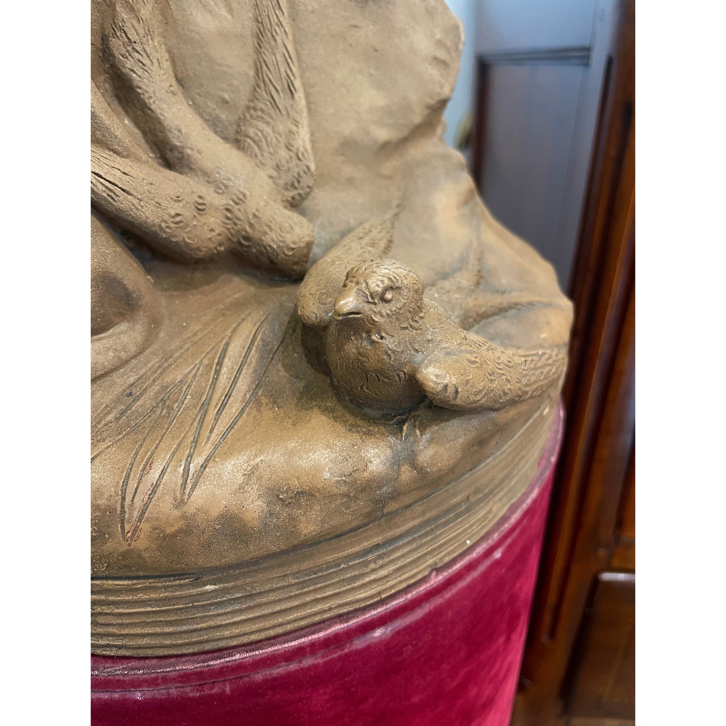 19th C French Antique Signed Taupe Terracotta Sculpture of Woman And Sparrows