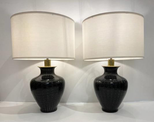 VeArt 1960s Pair of Black Murano Glass Table Lamps with Speckles