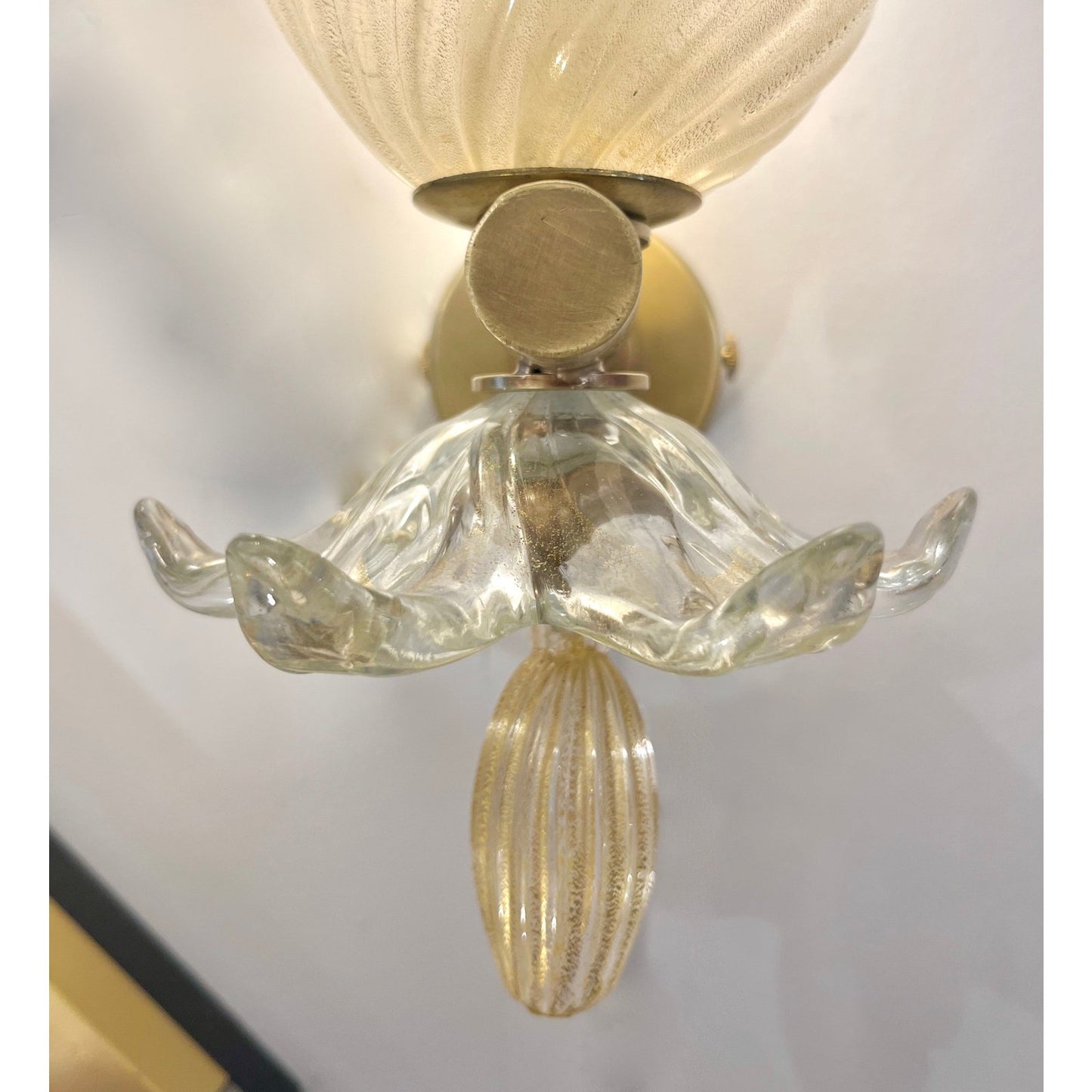 1960 Seguso Italian Art Deco Design Crystal Gold Murano Glass Brass Bowl Sconces