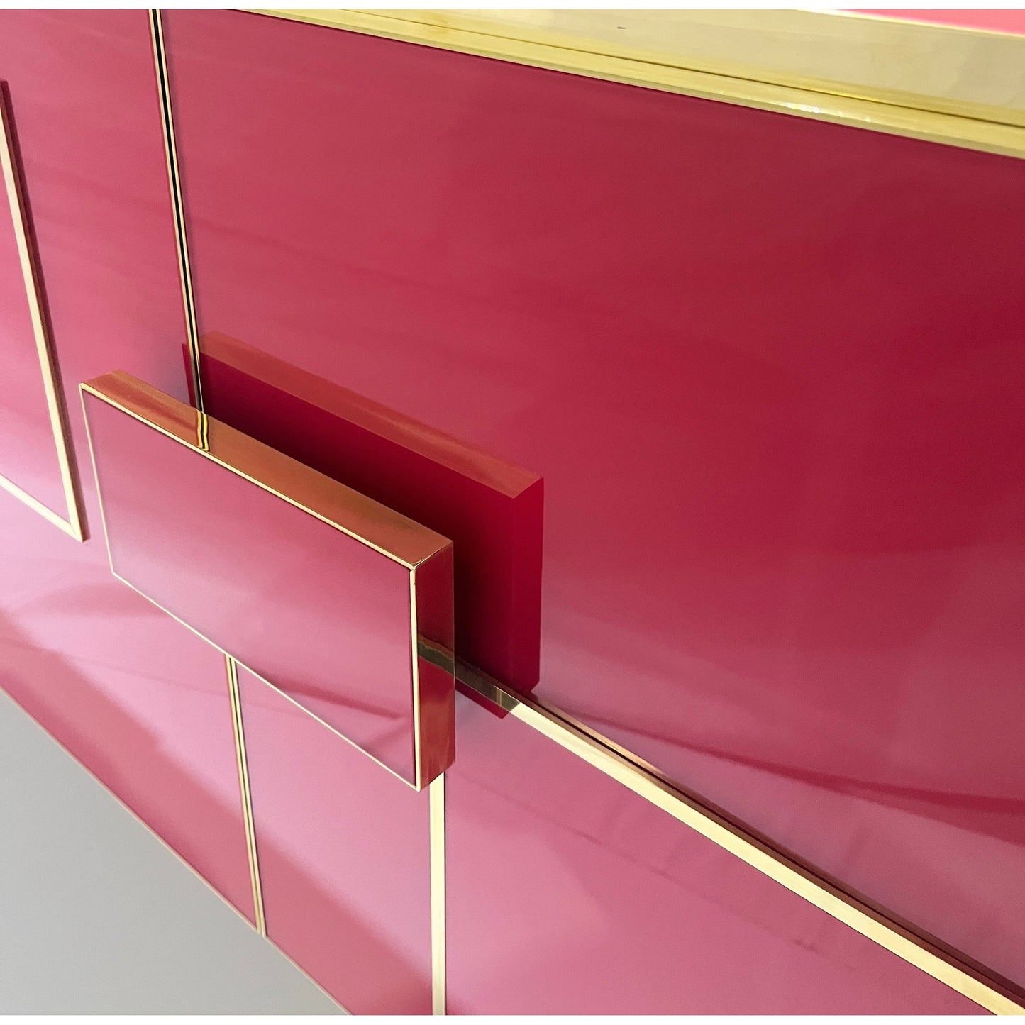 Modern Italian Pink Purple Glass Geometric Postmodern Brass Cabinet Sideboard