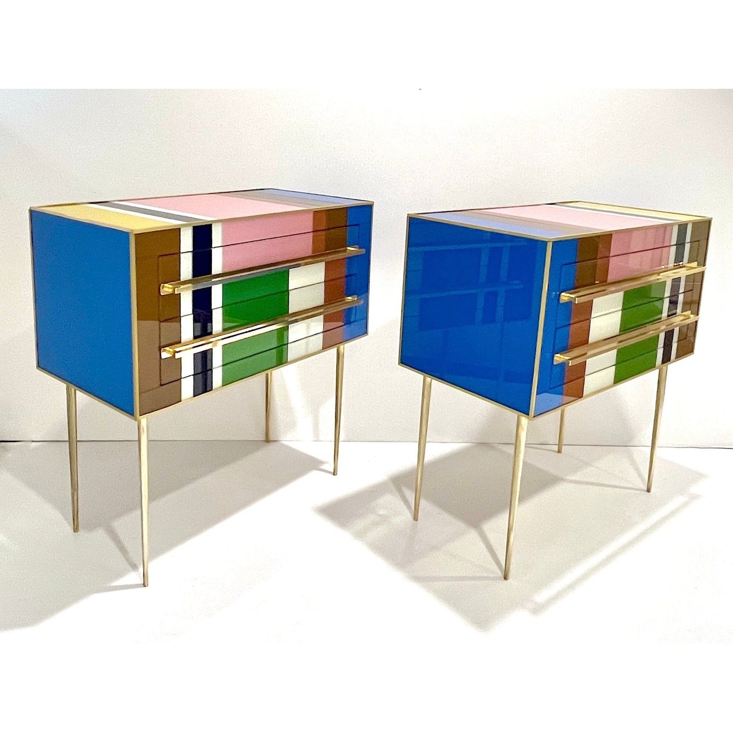 Bespoke Italian Pair of Mondrian Style Blue Green Yellow Chests / End Tables