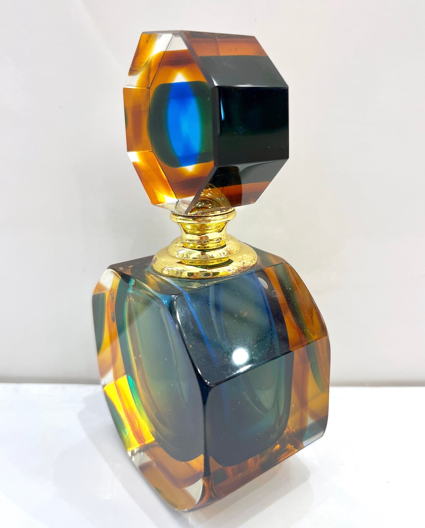 1990s Modern Italian Blue Green Amber Murano Glass Diamond Cut Perfume Bottle