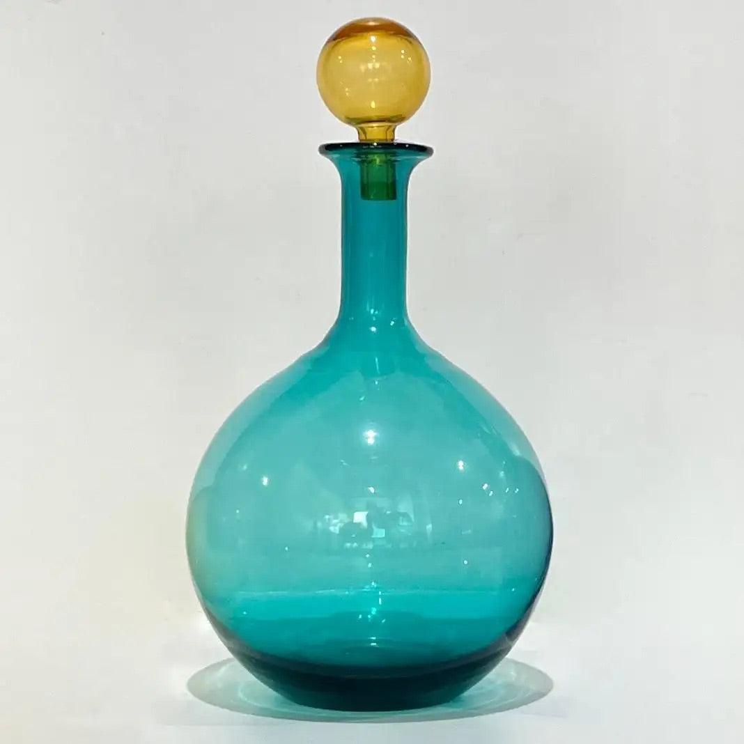 1980s Italian Set 3 Tall Bright Teal Amber Purple Murano Glass Modern Bottles