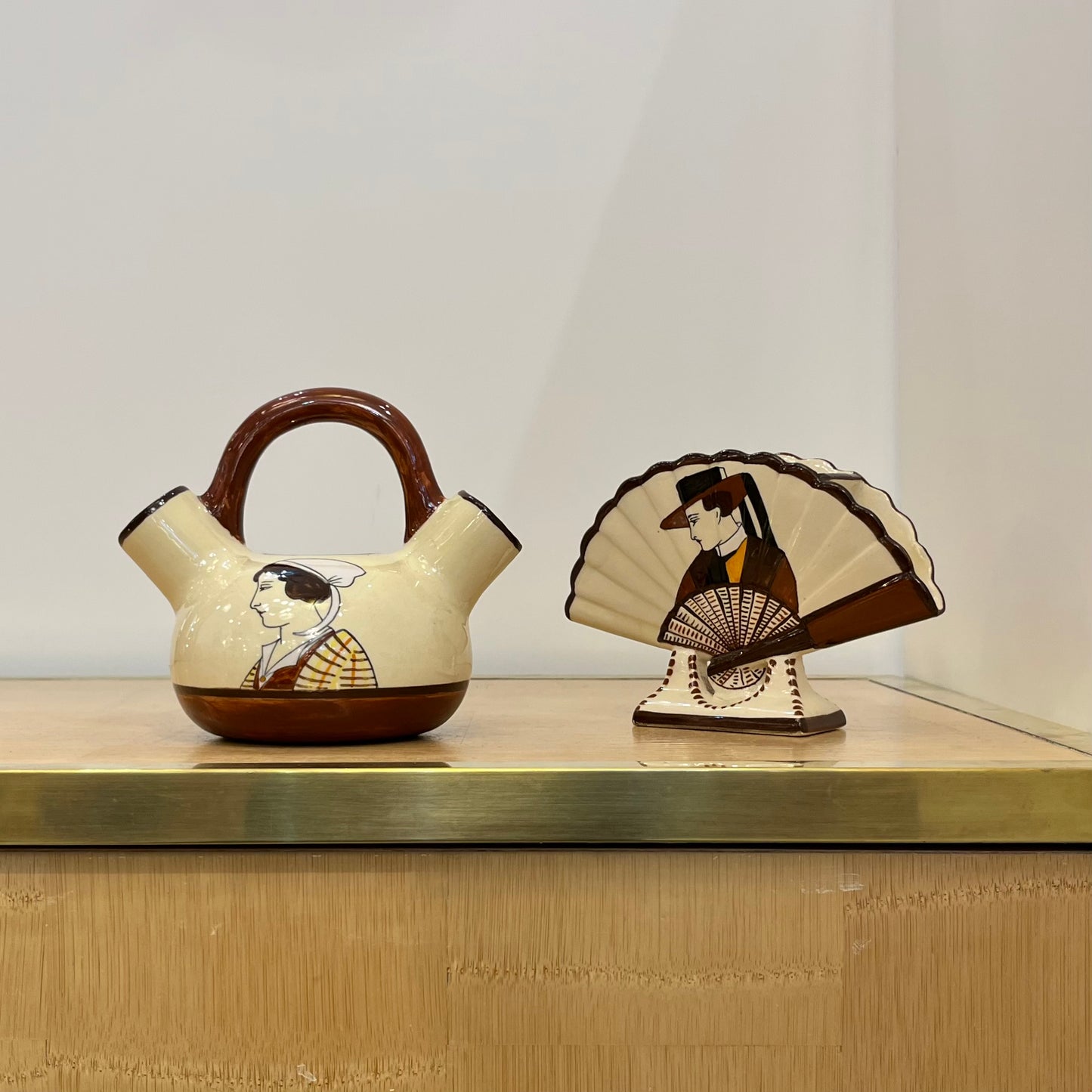 1930 French Henriot Quimper Faience Handle Dual Spout Yellow Pot Man Woman Decor