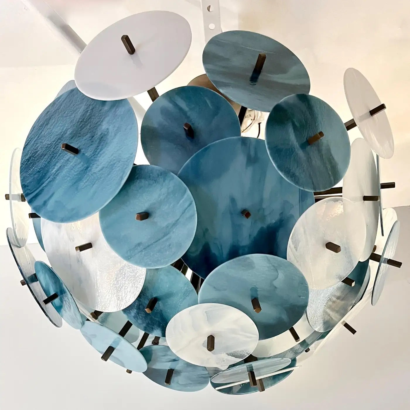 Italian White Teal Turquoise Blue Murano Glass Sputnik Half Dome Chandelier