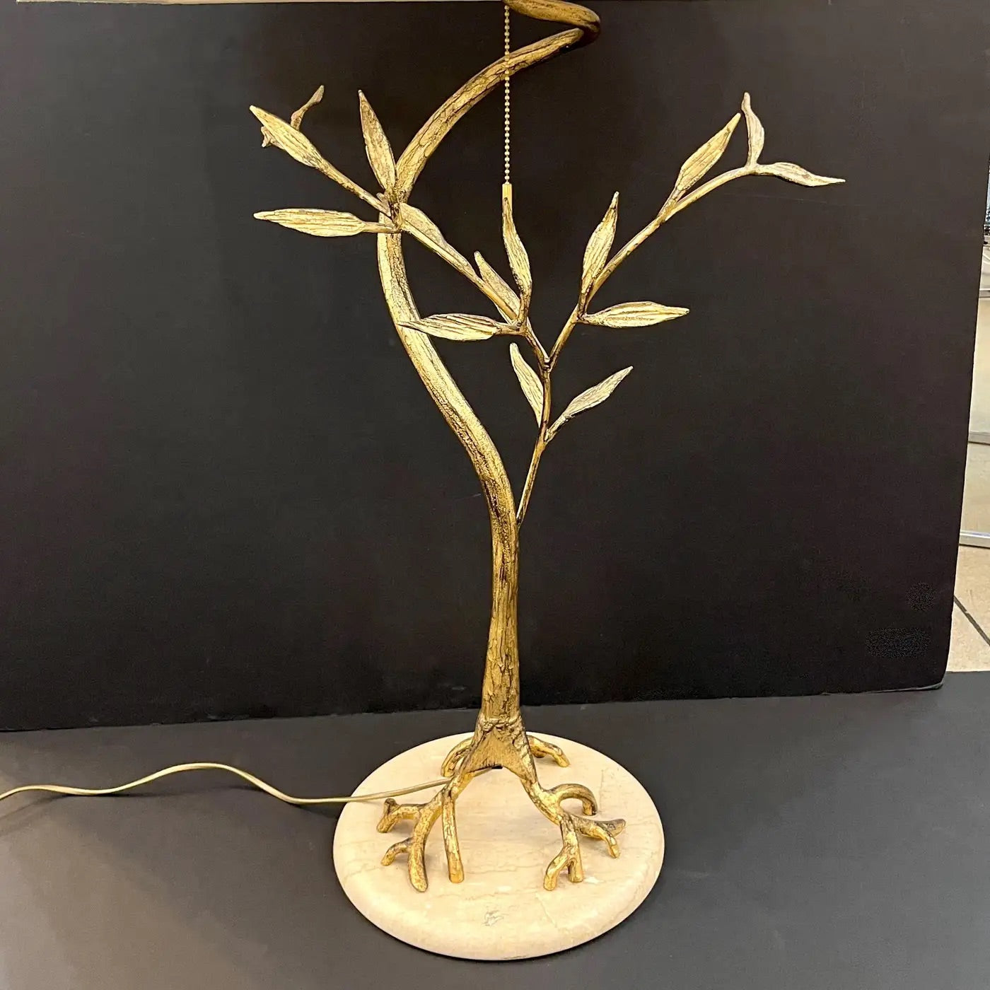 1970s Vintage French Jacques Duval Brasseur Gold Gilded Leaf Tree Lamp on Marble