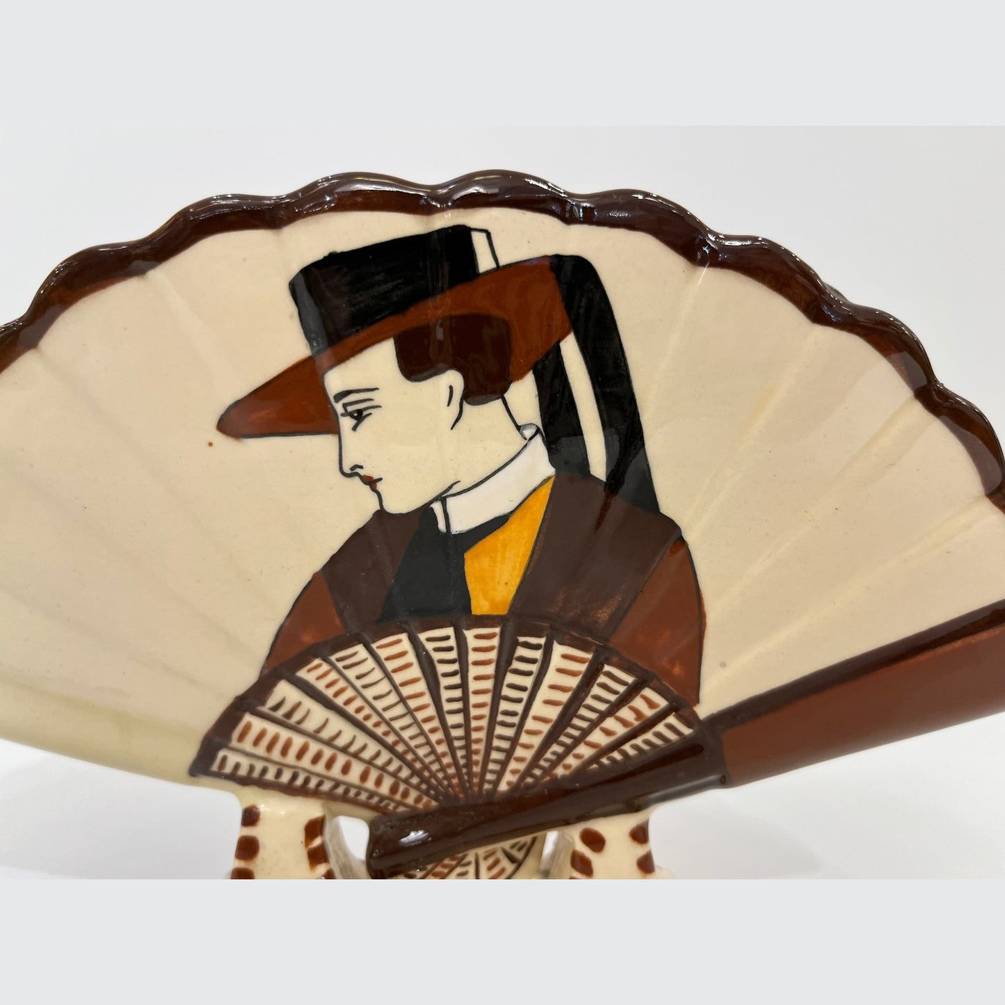 1930s French Signed Henriot Quimper Faience Yellow Fan Breton Man Woman Decor