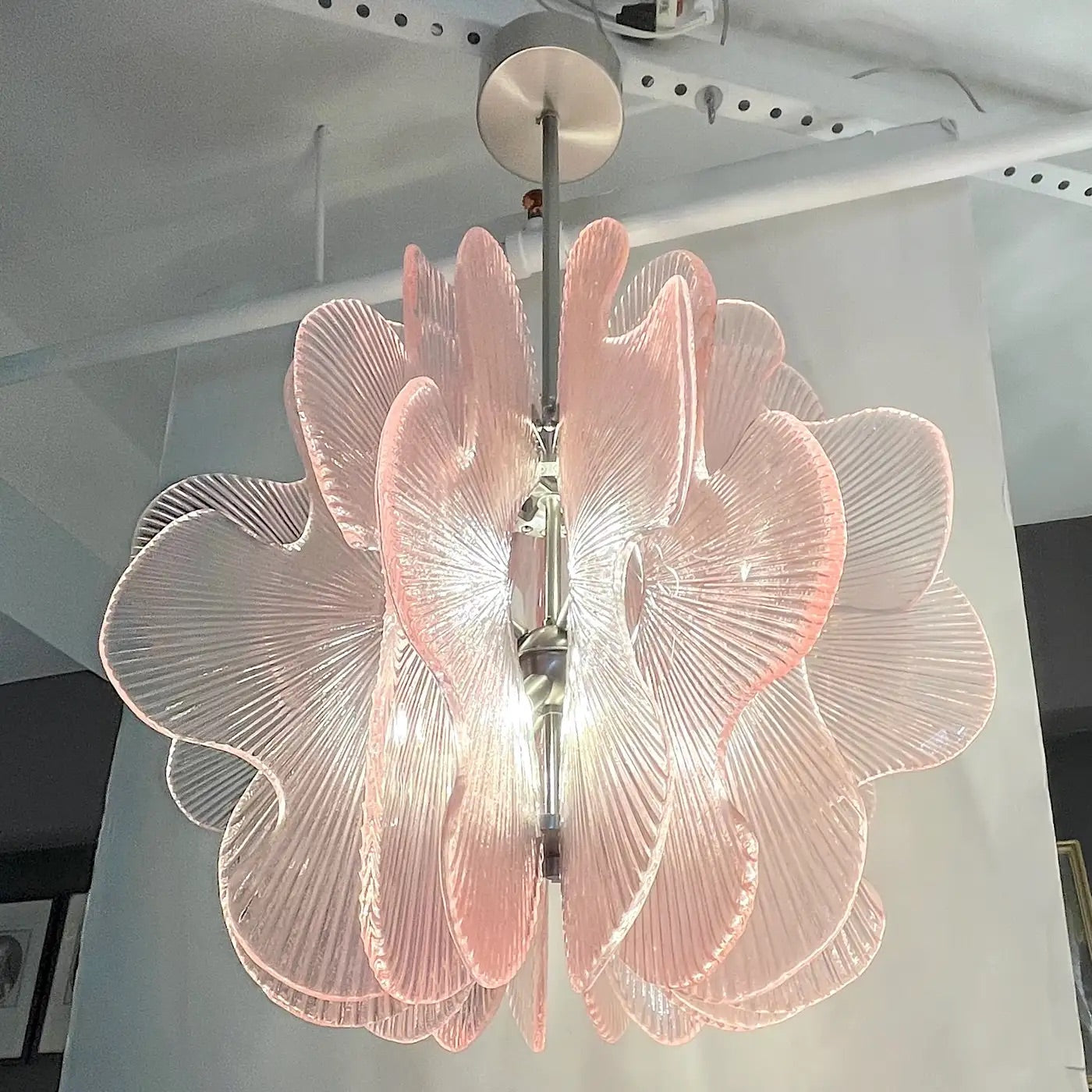 Modern Italian Wavy Pink Textured Murano Glass Satin Nickel Pendant/Chandelier