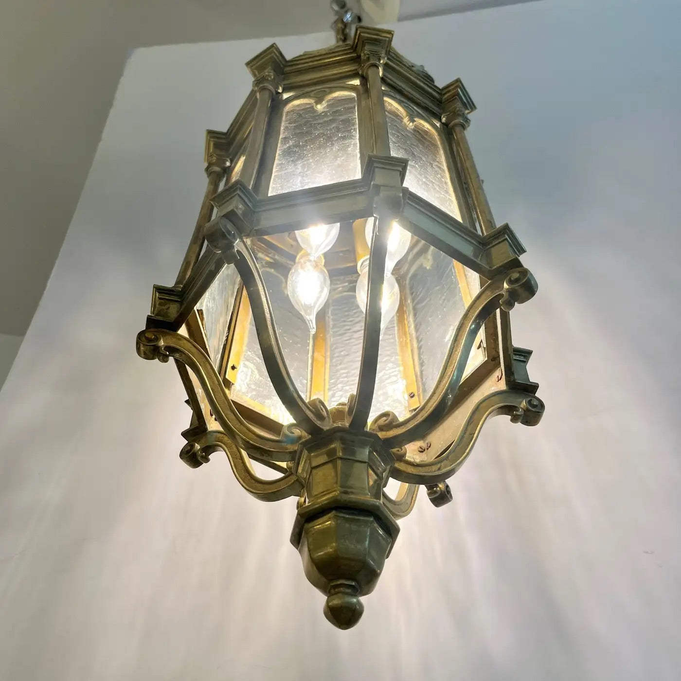1860 French Antique Gothic Revival Cast Brass Pendant Lantern With Arch Windows