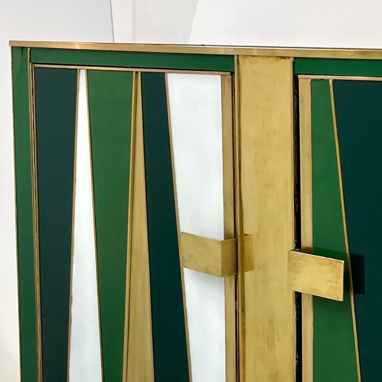 Vintage Italian Post Modern 2-Door Green White Brass Murano Glass Sideboard