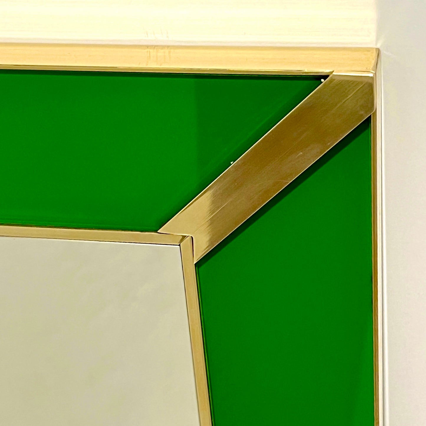 Contemporary Italian Minimalist Design Green Glass Mirror with Brass Accents