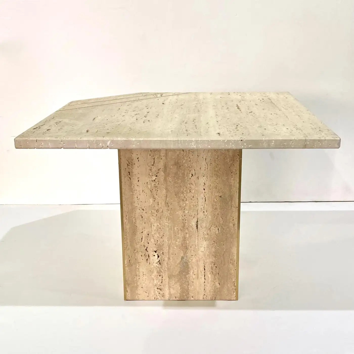 Italian Contemporary Modern Travertine Nesting Tables Set with Brass Insets