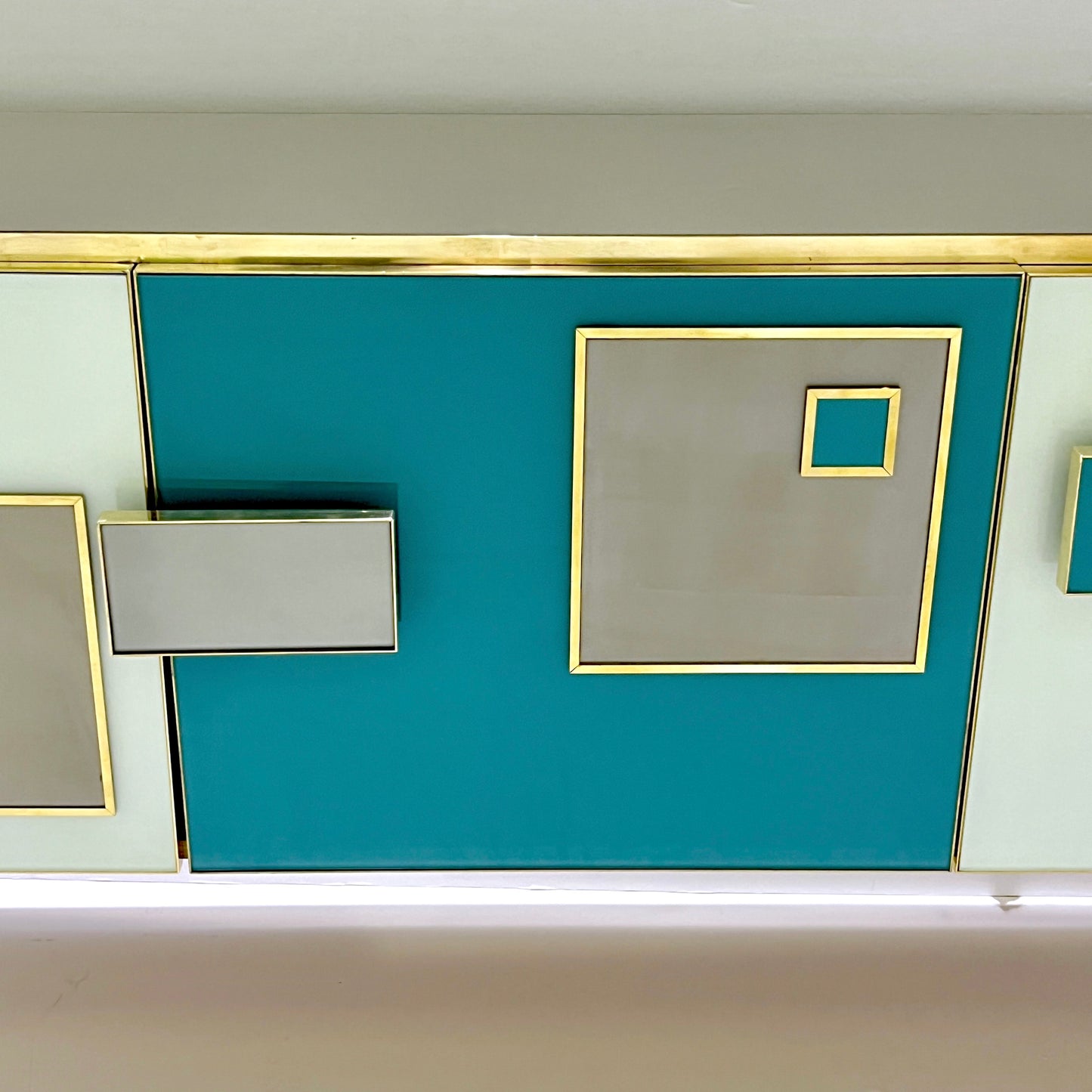 Modern Italian Ivory Gray Teal Blue Geometric Postmodern Brass Cabinet Sideboard
