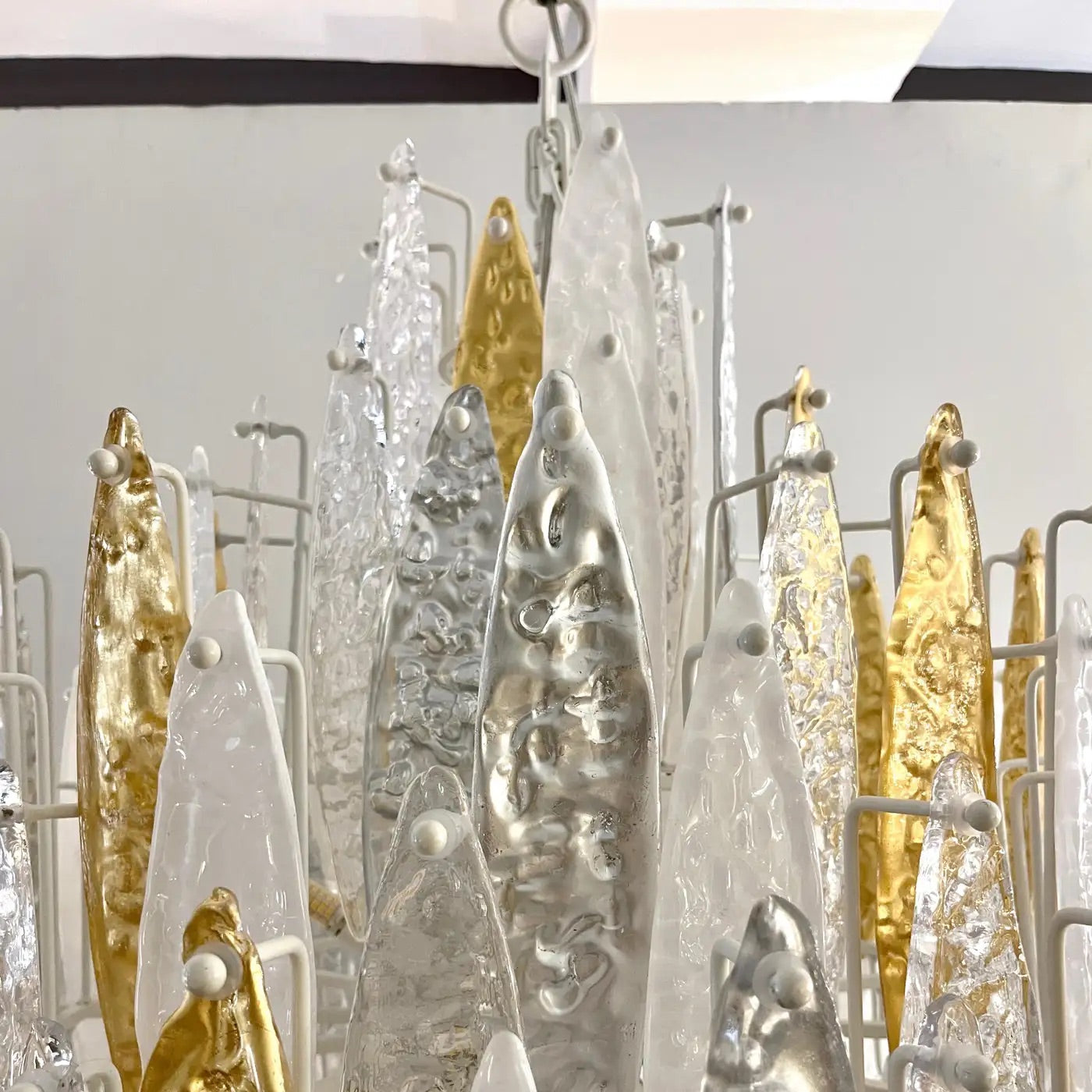 Modern Italian Silver Gold Frosted White Crystal Murano Glass Icicle Chandelier