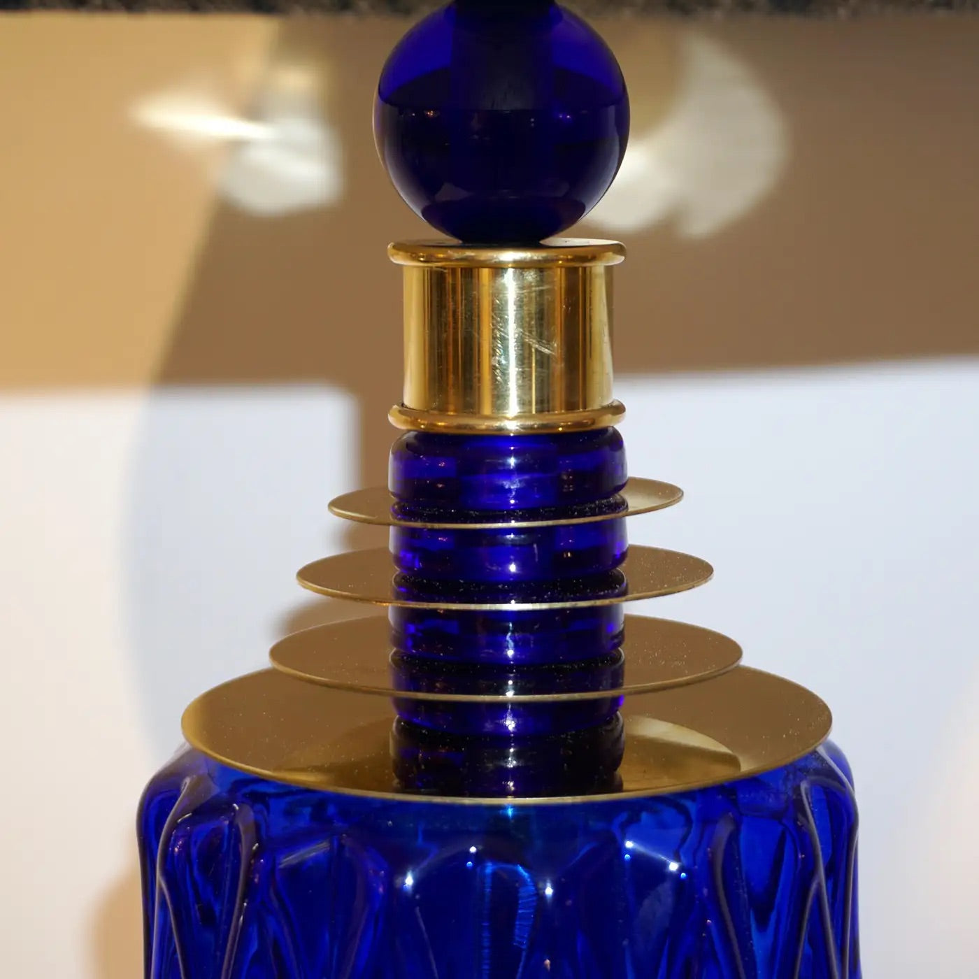 Contemporary Italian Modern Pair of Cobalt Blue Murano Glass Brass Table Lamps