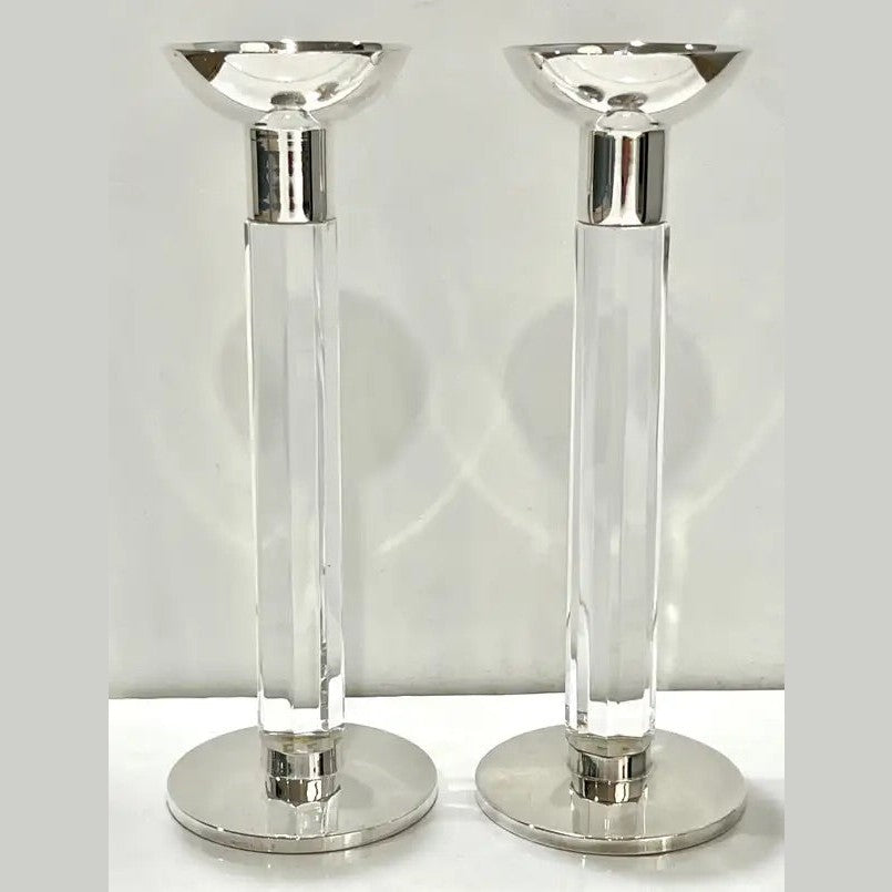 1970s Mid Century Modern French Pair of Crystal & Chrome Faceted Candle Holders