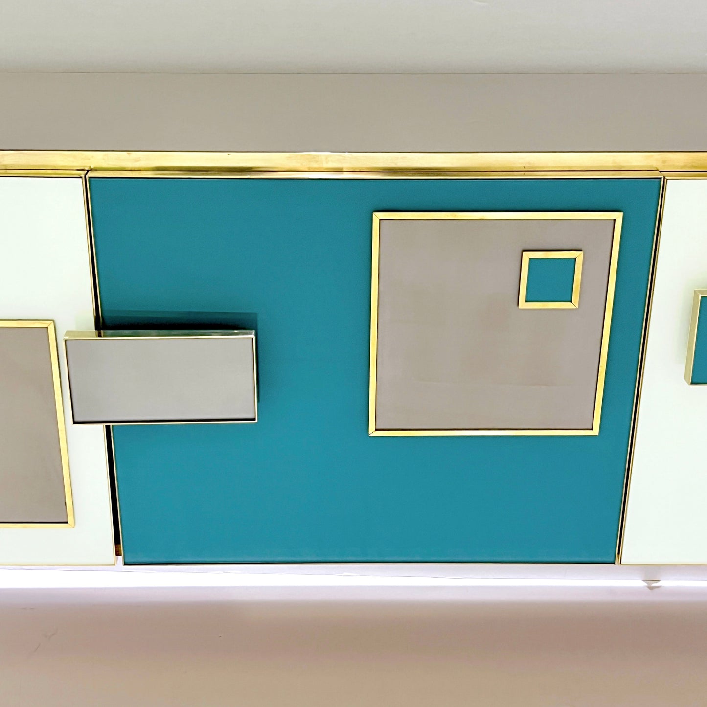 Modern Italian Ivory Gray Teal Blue Geometric Postmodern Brass Cabinet Sideboard