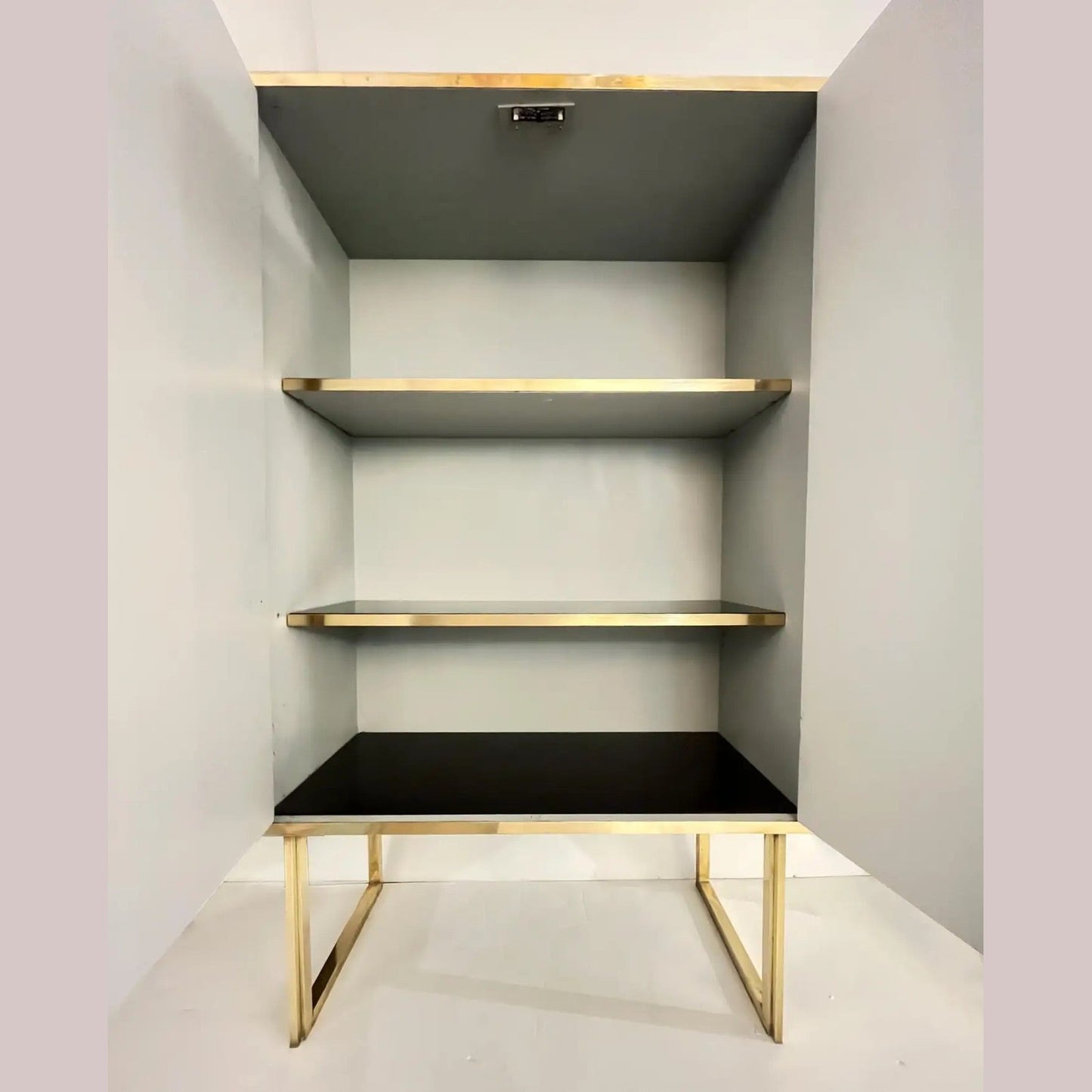 1970s Italian Vintage Art Deco Geometric Gold Brass & Black Glass Tall Cabinet