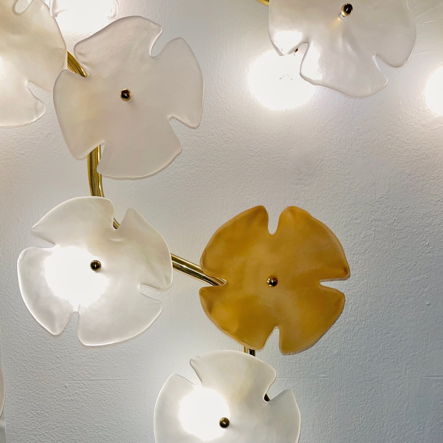 Italian Contemporary Satin White Gold Murano Glass Flower Art Wall/Ceiling Light