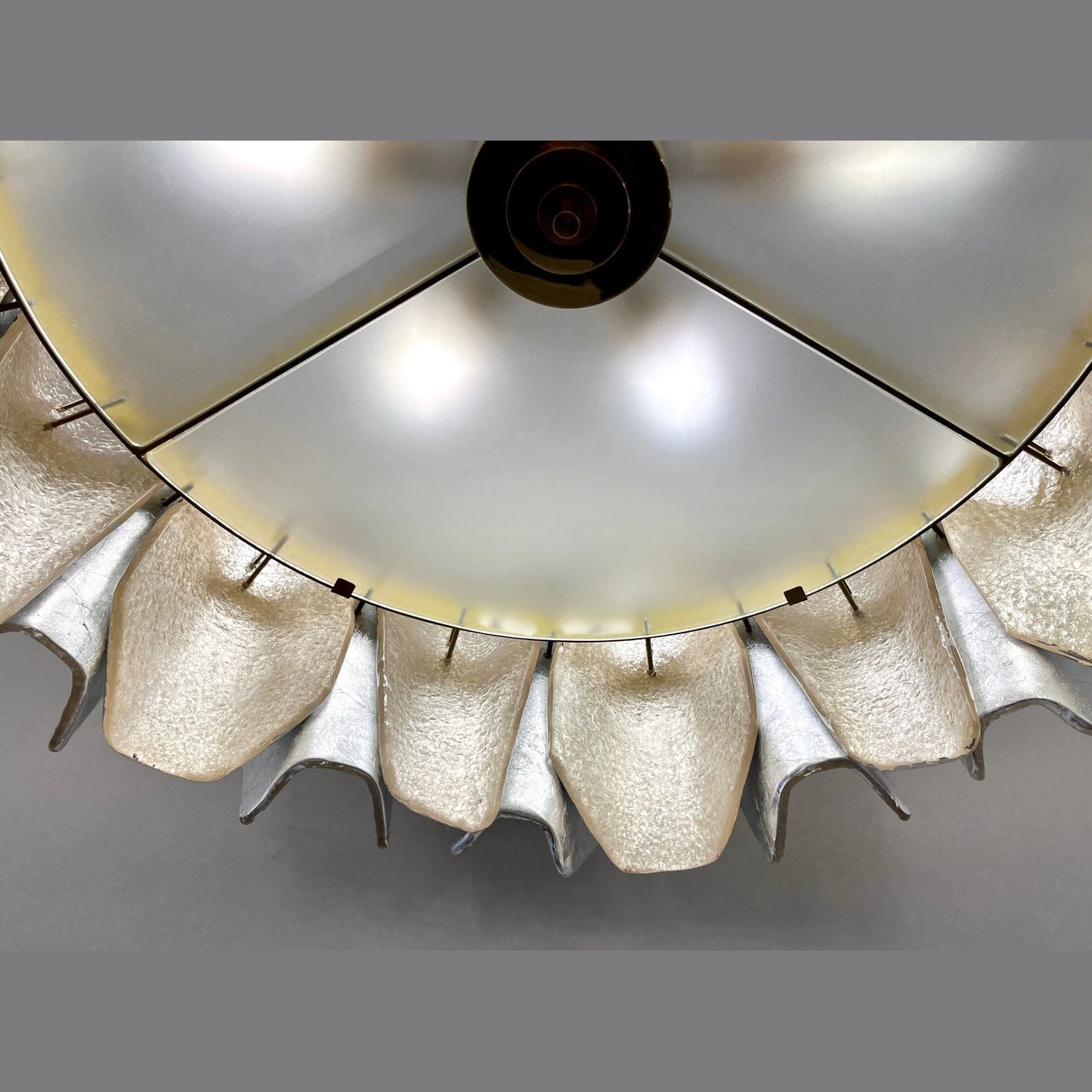 Italian Bespoke Post Modern Silver Amber Murano Glass Round Graphic Chandelier