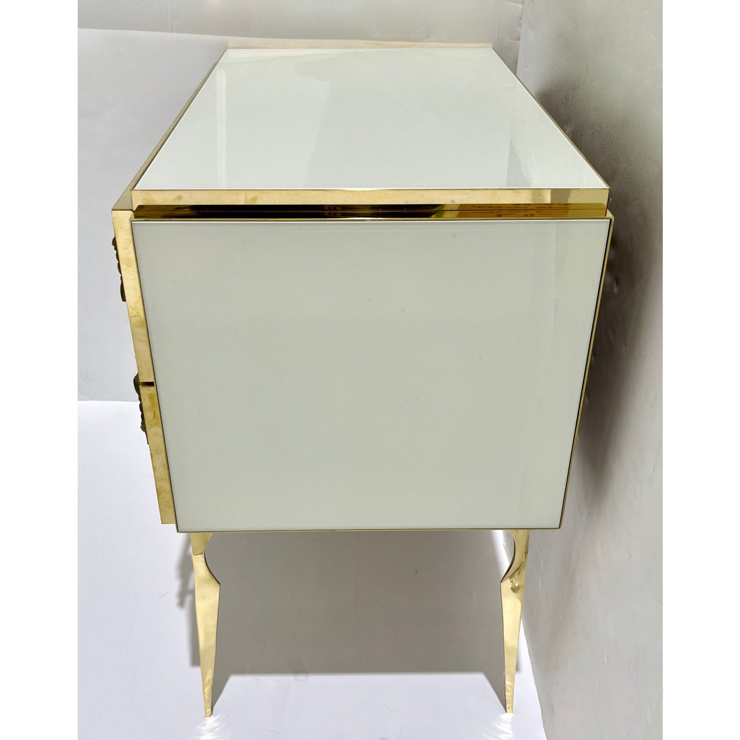 Italian Art Deco Design Modern Cream White Glass 2-Drawer Brass Nightstand/Chest