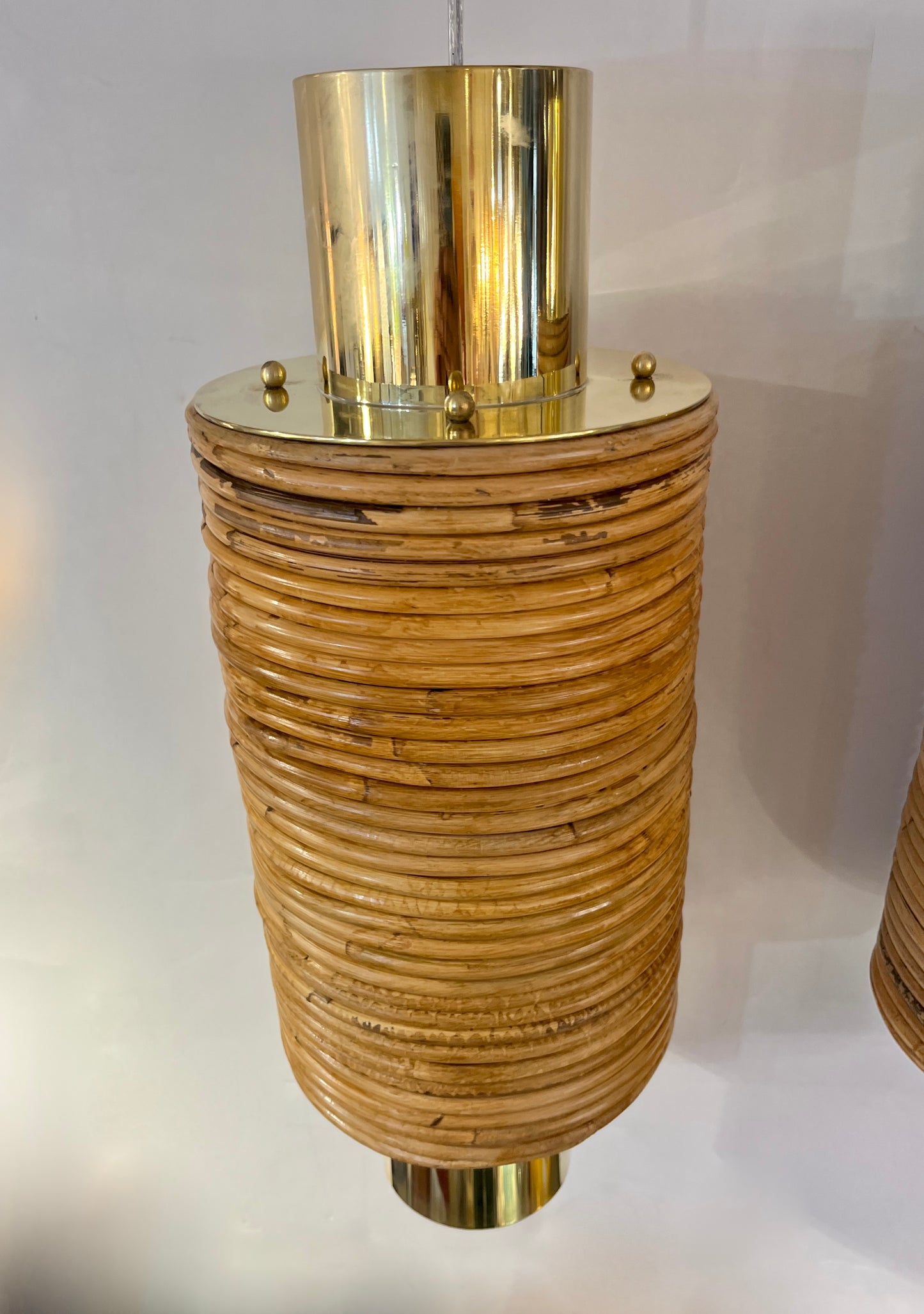 Contemporary Italian Customizable Circular Rattan Brass Pendant/Chandelier