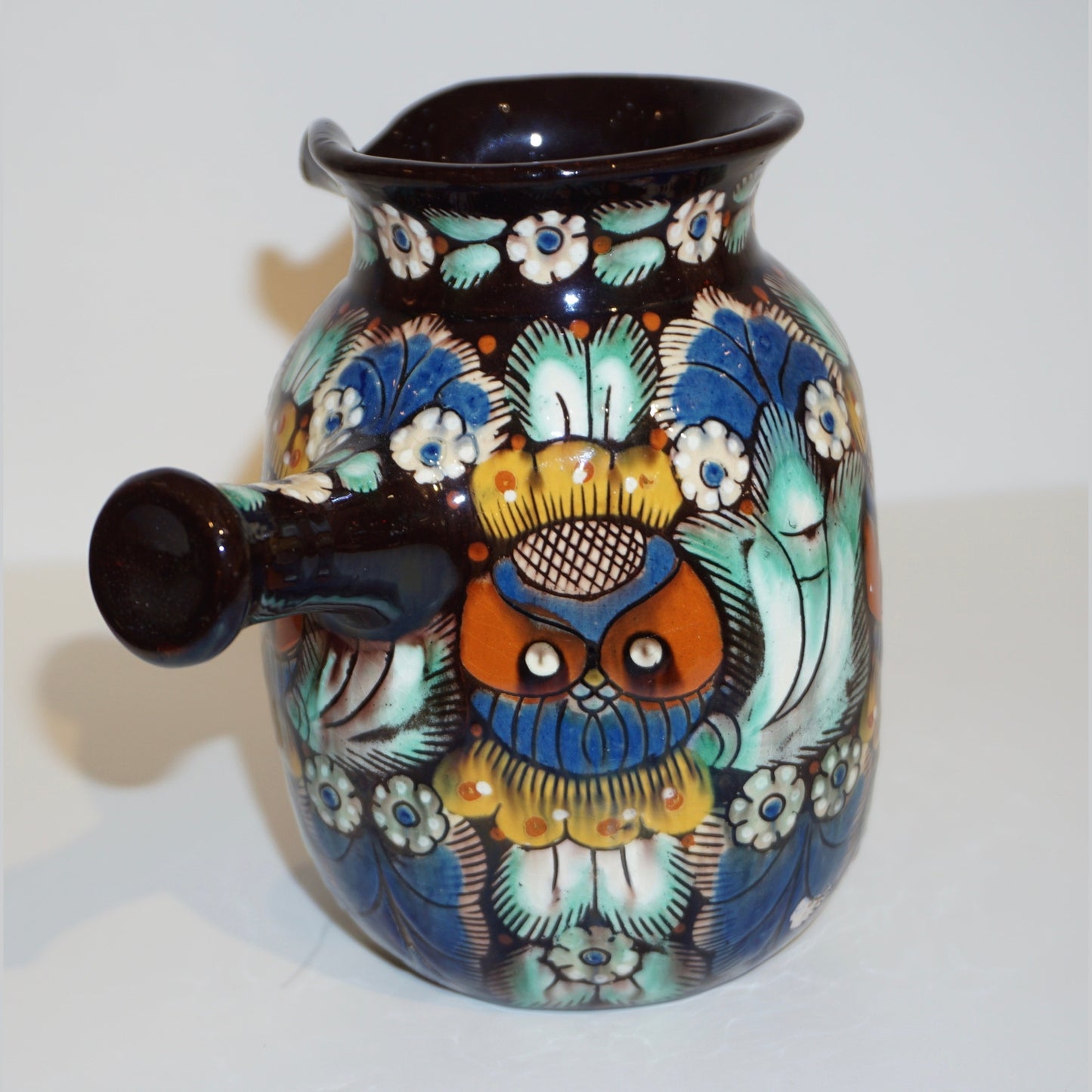 Antique Swiss Arts & Crafts Brown Green Blue White Thoune Enamel Ceramic Jug