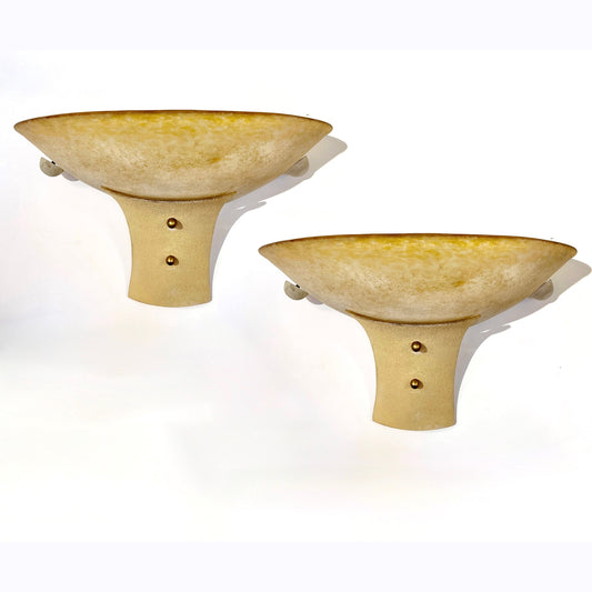 1940s Italian Pair of Antique Art Deco Design Scavo Golden Murano Glass Sconces