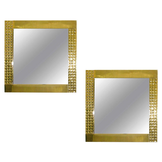 1970s Italian Vintage Pair Handcrafted Brass Mirrors with Gold Jewel-Like Detail