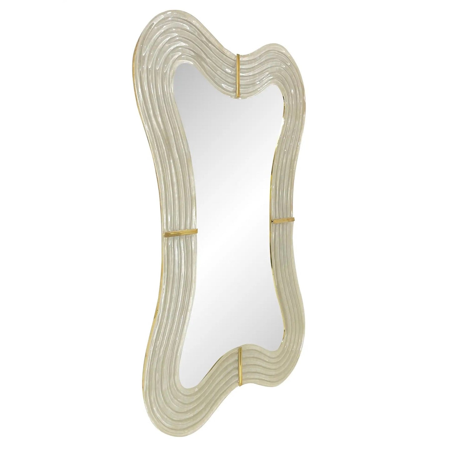 Contemporary Italian Pearl White Cream Murano Glass Brass Backlit Curved Mirror