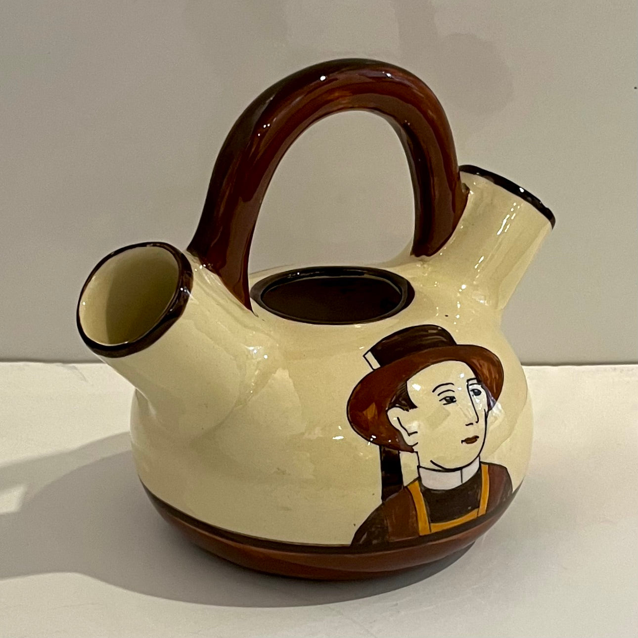1930 French Henriot Quimper Faience Handle Dual Spout Yellow Pot Man Woman Decor