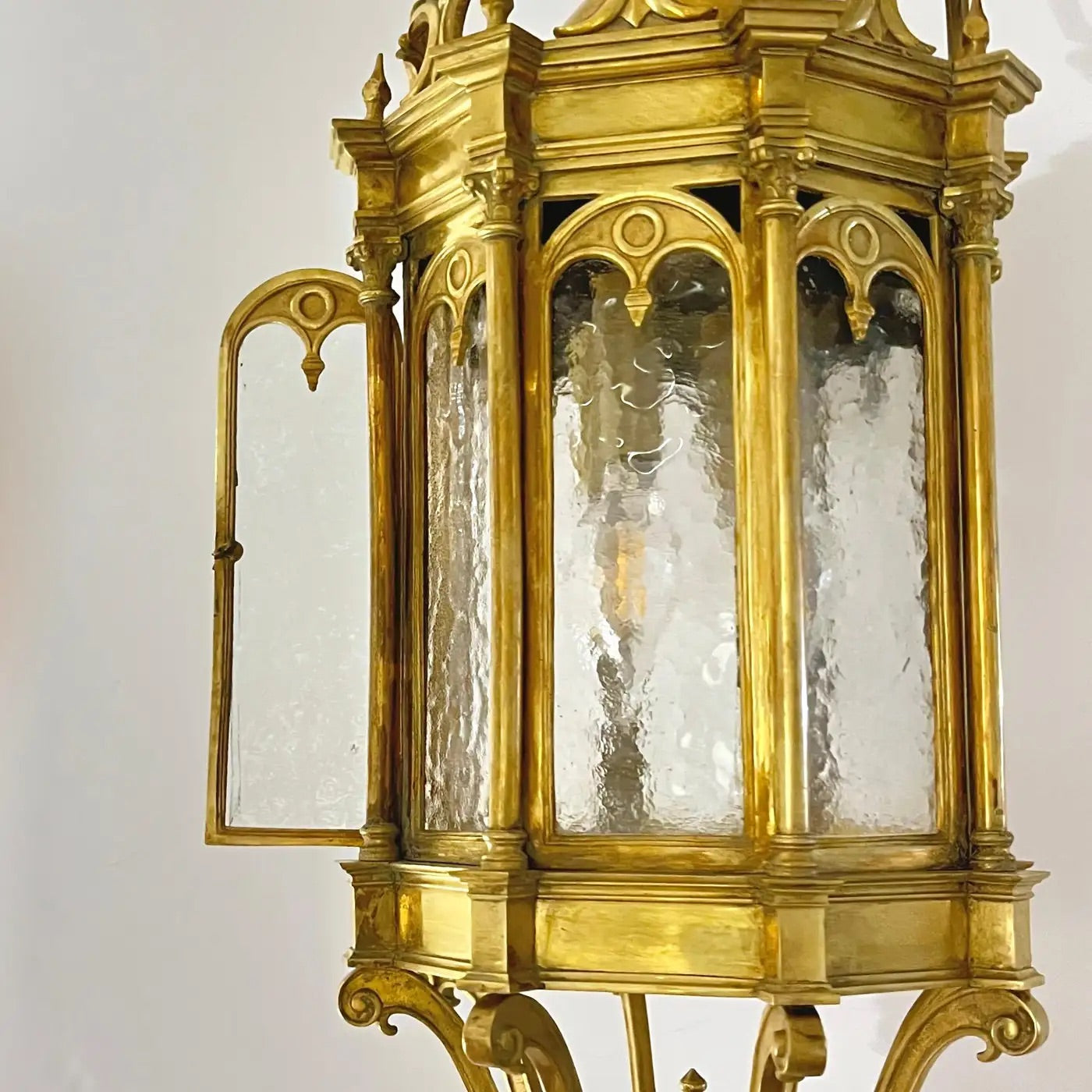 1860 French Antique Gothic Revival Cast Brass Pendant Lantern With Arch Windows