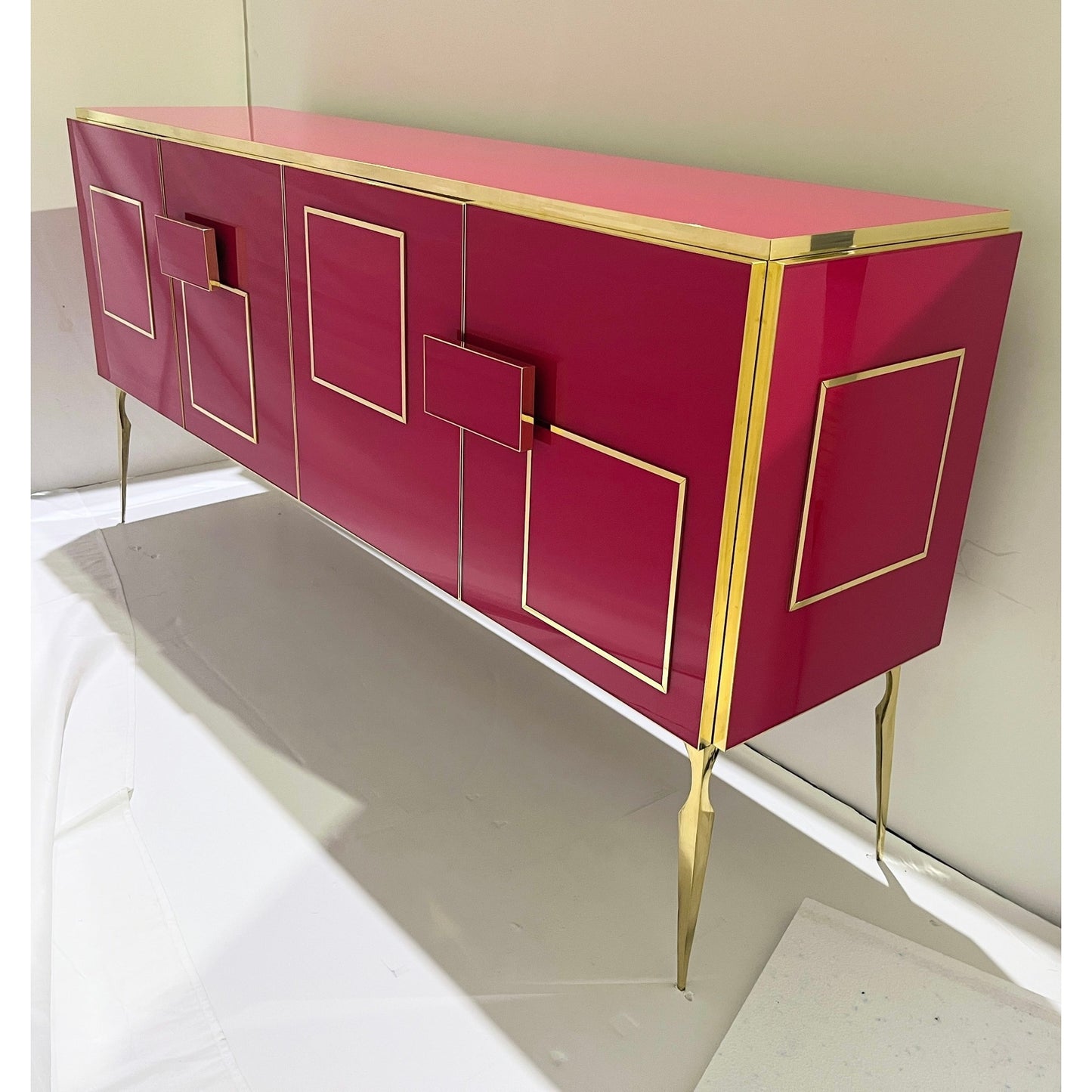 Modern Italian Pink Purple Glass Geometric Postmodern Brass Cabinet Sideboard