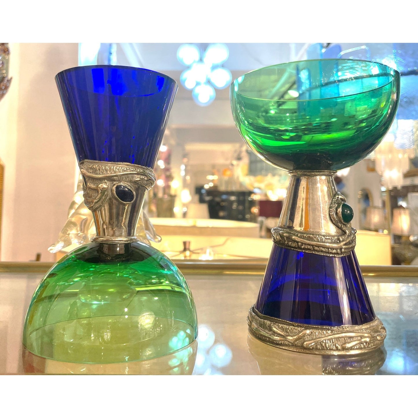 1980 Domar Israel Art Nouveau Style Green Cobalt Blue Glass Silver Vase Glasses