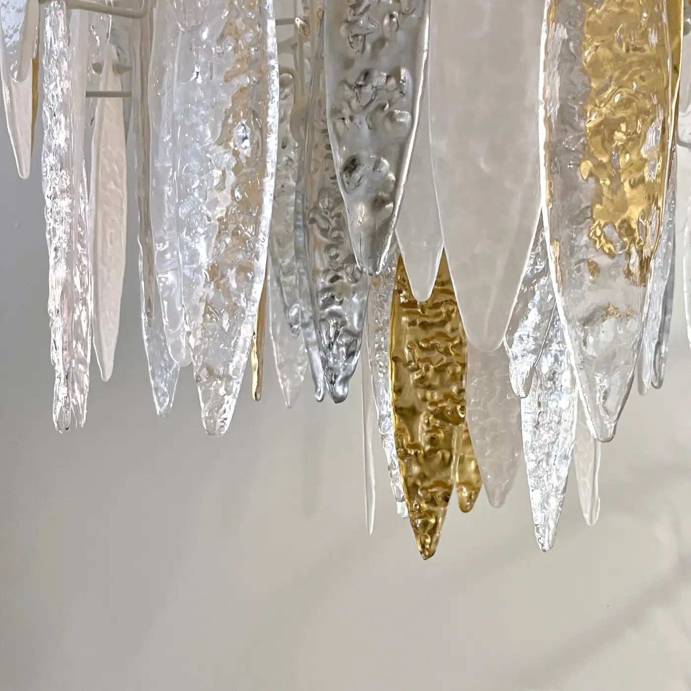 Modern Italian Silver Gold Frosted White Crystal Murano Glass Icicle Chandelier