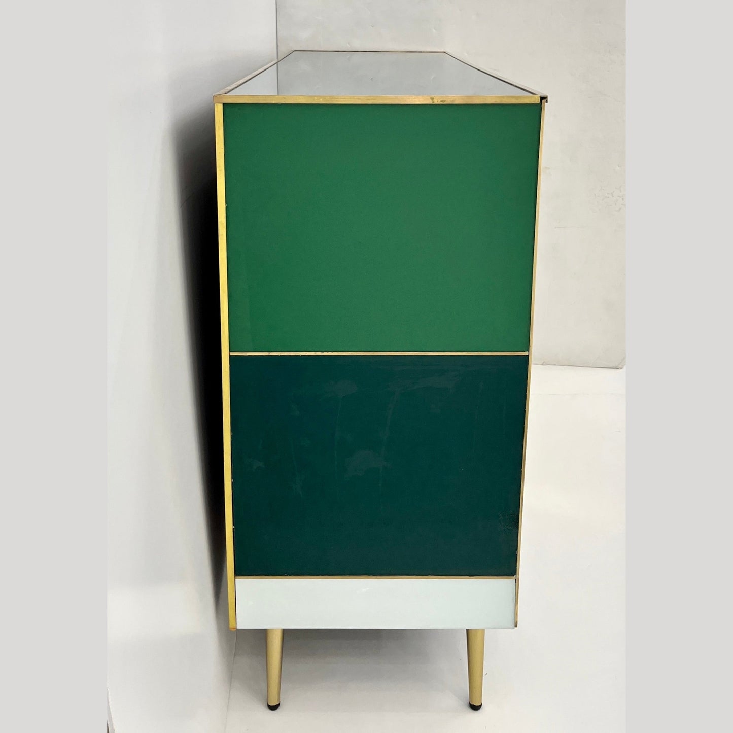 Vintage Italian Post Modern 2-Door Green White Brass Murano Glass Sideboard